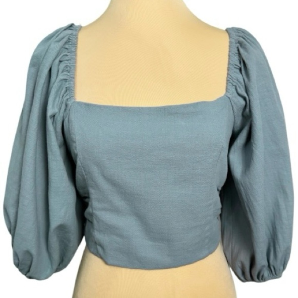 Mustard Seed dusty blue green square-neck crop blouse with puff sleeves